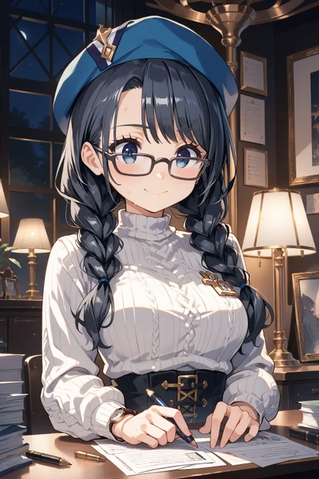 score_max, (score_9, score_8_up, score_7_up:1.2), score_6_up, official art, source_anime,
, masterpiece, absurdres, high detail, 8k,
night, desk, paper, desk lamp, upper body,
writing, holding pen, looking down, serious, smile, blush, sweat,
marian, twin braids, black-framed eyewear, red beret, white sweater, long sleeves, wristwatch,
<lora:XL_Pony_MGCM-marianne-t1:1>