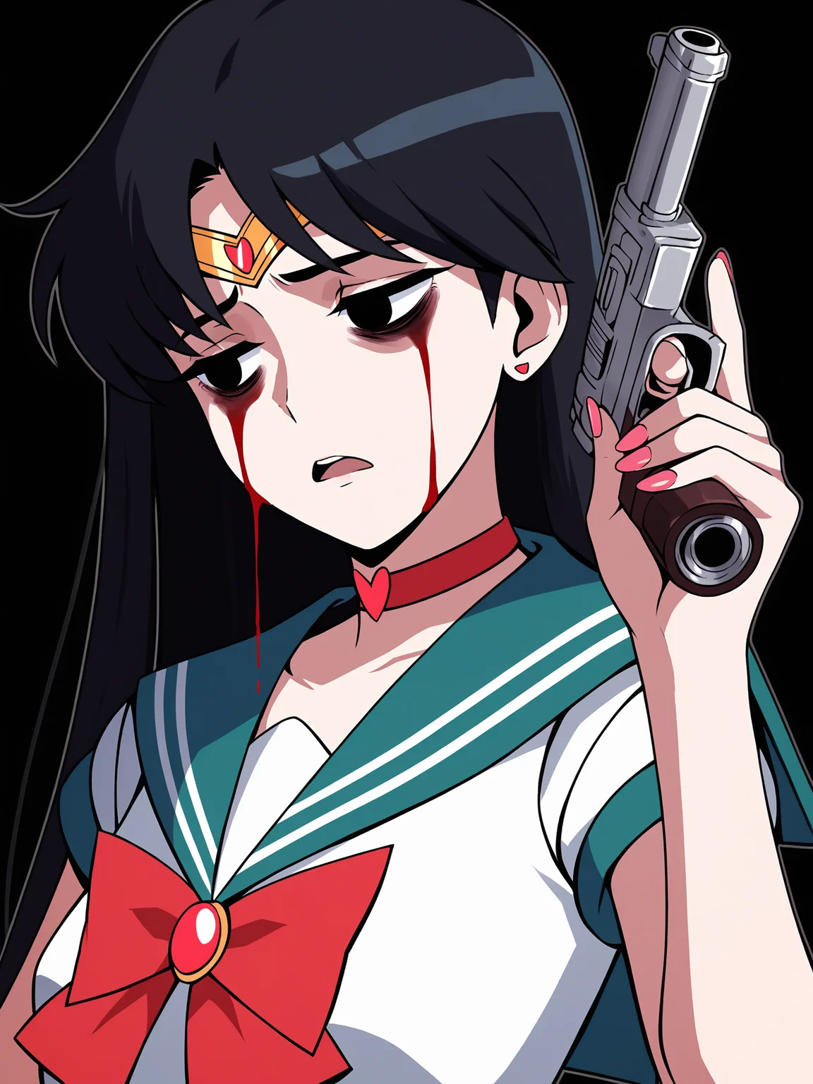 score_9, score_8_up, score_7_up, score_6_up, score_5_up, score_4_up, rating_safe
BREAK
sailor mars, circlet, black hair, black eyes, looking away, tired, half-closed eyes, bags under eyes, sigh, open mouth, looking down, blood on face, blood splatter,
BREAK
solo, portrait, magical girl, red serafuku, from side, holding gun, handgun, blood on weapon,
BREAK
black background, <lora:Lunas-Harayutaka-SDXL-A1:1>
