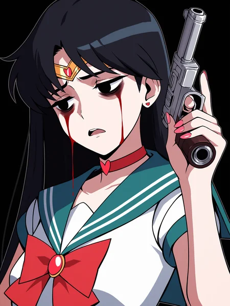 score_9, score_8_up, score_7_up, score_6_up, score_5_up, score_4_up, rating_safe
BREAK
sailor mars, circlet, black hair, black eyes, looking away, tired, half-closed eyes, bags under eyes, sigh, open mouth, looking down, blood on face, blood splatter,
BREAK
solo, portrait, magical girl, red serafuku, from side, holding gun, handgun, blood on weapon,
BREAK
black background, <lora:Lunas-Harayutaka-SDXL-A1:1>