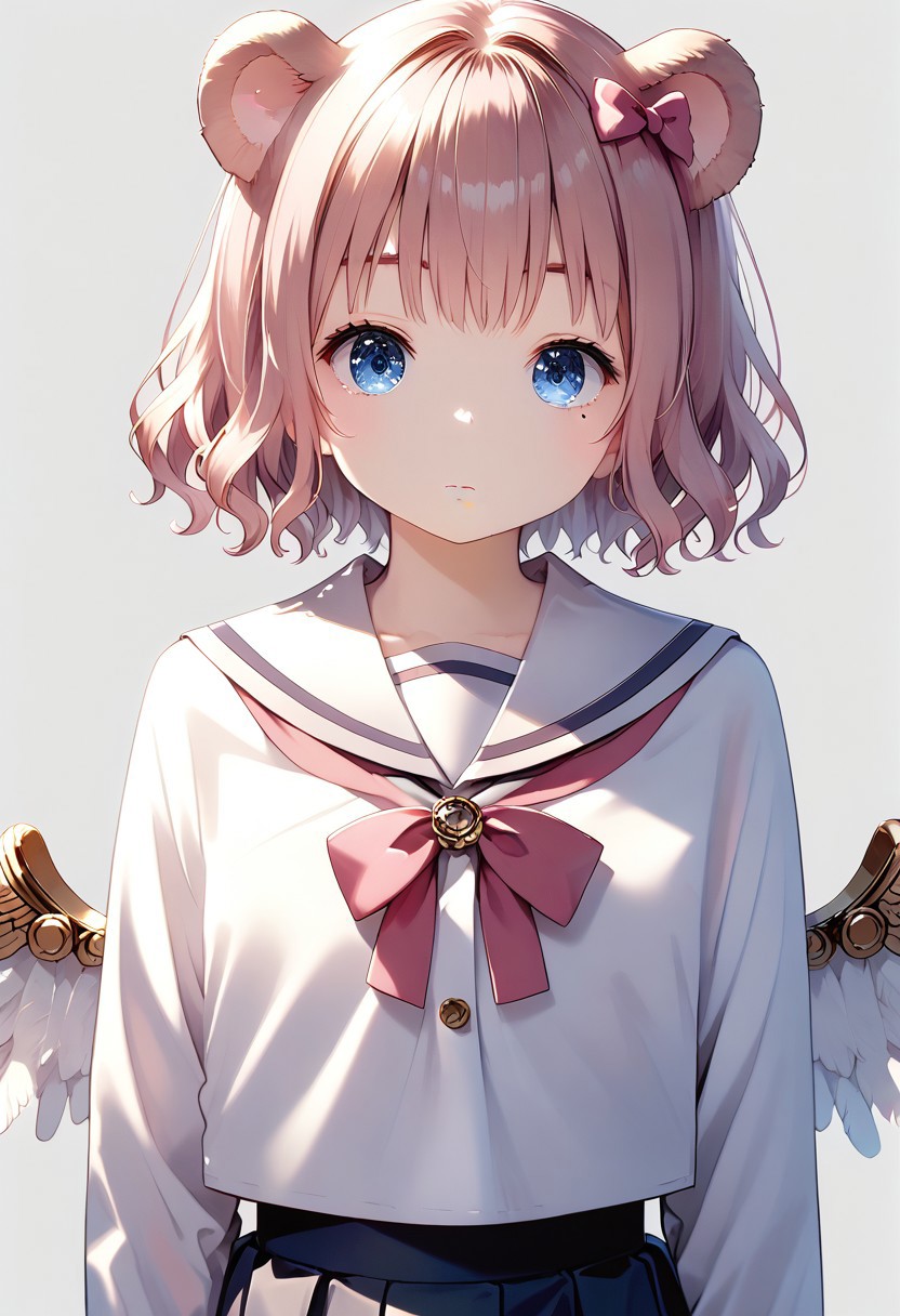 score_9, score_8_up, score_7_up, 1girl, (masterpiece), (best quality), (ultra detailed),(disheveled hair),(illustration), skistyle, solo, pink hair, animal ears, blue eyes, wings, looking at viewer, mole, bangs, short hair, bow, sailor collar, simple background, white sailor collar, mole under mouth, hair bow, pink bow, closed mouth, shirt, white shirt, bear ears, bob cut, mini wings, grey background, portrait, detached wings, makeup, upper body, white background