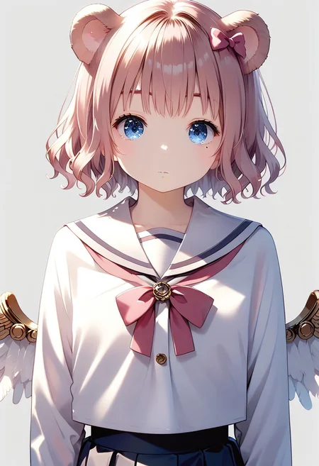score_9, score_8_up, score_7_up, 1girl, (masterpiece), (best quality), (ultra detailed),(disheveled hair),(illustration), skistyle, solo, pink hair, animal ears, blue eyes, wings, looking at viewer, mole, bangs, short hair, bow, sailor collar, simple background, white sailor collar, mole under mouth, hair bow, pink bow, closed mouth, shirt, white shirt, bear ears, bob cut, mini wings, grey background, portrait, detached wings, makeup, upper body, white background