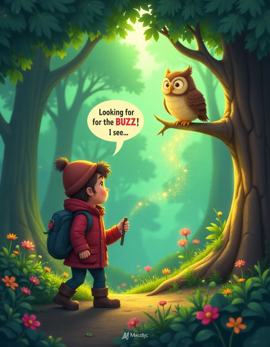 In a whimsical, enchanted forest filled with talking animals and magical plants, a curious adventurer wanders, clearly in need of an energy lift. They come upon a wise old owl perched in a tree, who says in a speech bubble, "Looking for the BUZZ, I see." The adventurer nods eagerly, and the owl flaps its wings, releasing a shimmering cloud of magical dust. As the adventurer breathes it in, they glow with a newfound, lively energy, their movements quickening and their spirits lifted, ready to explore the forest with a bright-eyed wonder. The scene has a fairy-tale vibe, with soft greens, glowing particles, and a warm, inviting atmosphere that brings the forest to life.