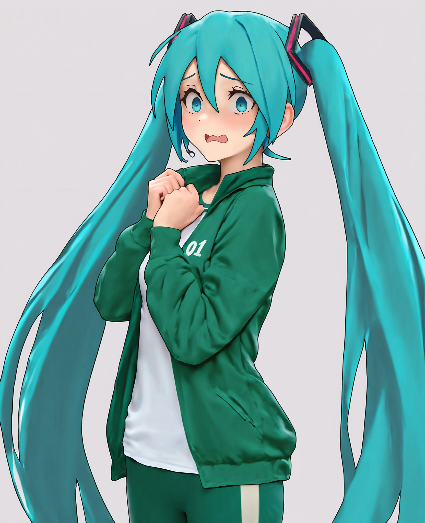 <lora:squidGameOutfit_Illustrious-09:1.0>, masterpiece, best quality, absurdres, score_8_up, score_7_up, 1girl, solo, hatsune miku, blue hair, very long hair, blue eyes, medium breats, scared face, squidgamesoutfit, jacket, green jacket, shirt, white shirt, pants, green pants, light gray background, simple background