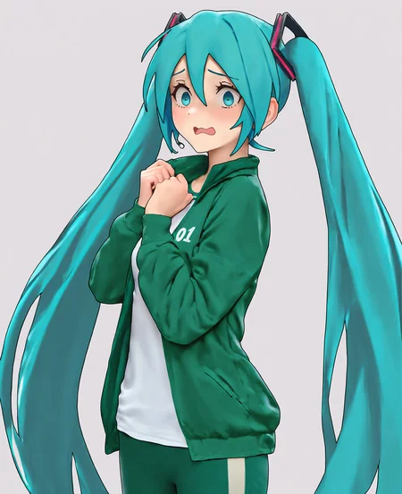 <lora:squidGameOutfit_Illustrious-09:1.0>, masterpiece, best quality, absurdres, score_8_up, score_7_up, 1girl, solo, hatsune miku, blue hair, very long hair, blue eyes, medium breats, scared face, squidgamesoutfit, jacket, green jacket, shirt, white shirt, pants, green pants, light gray background, simple background