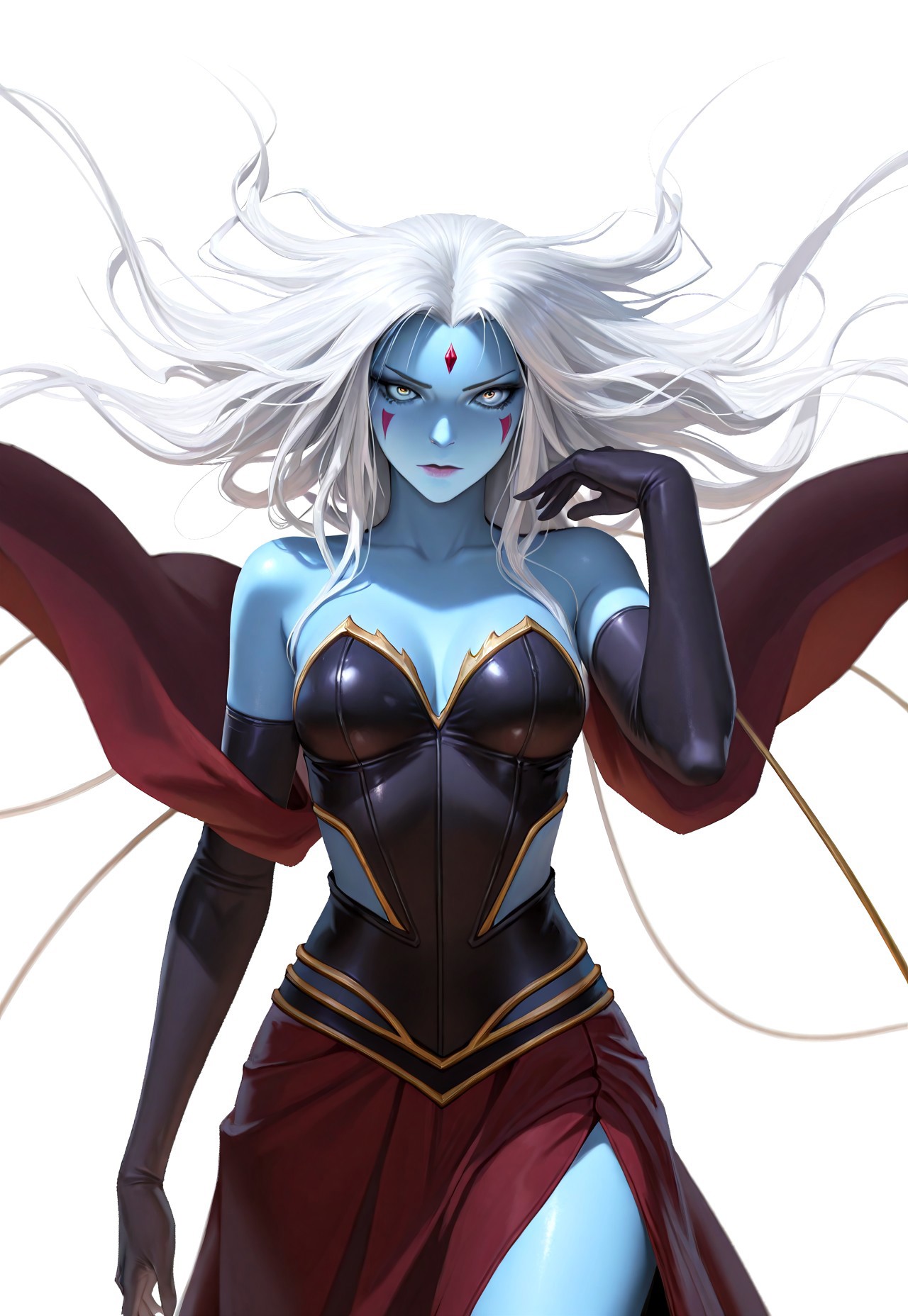 masterpiece, very aesthetic, absurdres, best quality, cloud_of_darkness, 1girl, long hair, colored skin, solo, forehead mark, facial mark, white hair, blue skin, floating hair, white background, shirt, skirt, breasts, forehead jewel, looking at viewer, gloves, elbow gloves