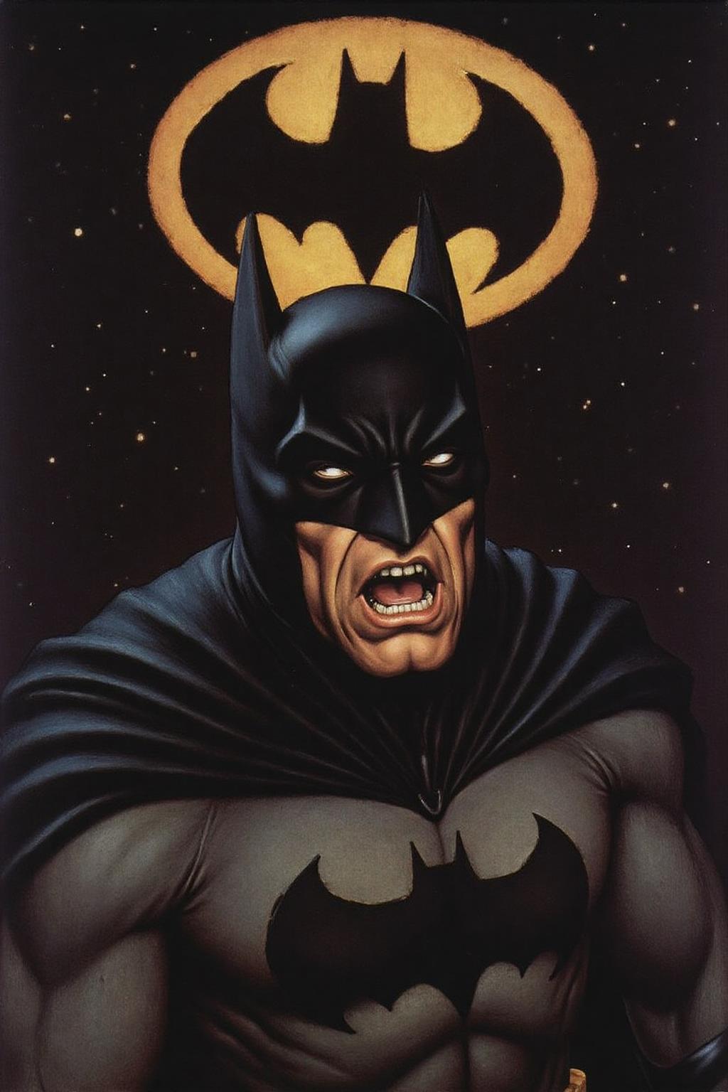 hansho1 painting of Batman shouting angrily. Background is the bat signal on a dark night sky. <lora:hansho1_cap_d6a3e12:1.0><lora:816882327348206344:0>