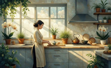 <lora:ck-swirlycircles-000015.safetensors:1> digital artwork in the style of ck-swc
In a serene and modern kitchen, the air is filled with the delicate scent of fresh herbs and the soft hum of sunlight filtering through the wide windows. The grey cabinetry, sleek and polished, stands in gentle contrast to the vibrant greenery that adorns the shelves, each plant a testament to the careful nurturing of the space. At the center, a spacious kitchen island serves as a focal point, its surface a canvas for the simple yet elegant preparations of the day.
Seated at the island is Mei, a woman in her late 40s with a cascade of dark hair tinged with silver, her eyes reflecting the wisdom of her years. She wears a flowing apron over a simple, cream-colored blouse and tapered black trousers, her presence grounding and calm. Her hands, skilled and gentle, move with a practiced ease as she chops fresh ingredients, each cut precise and deliberate.
On the counter, a small, ornate teapot sits beside a stack of hand-painted teacups, a reminder of the rituals that bring balance to her life. The kitchen, a space of both practicality and beauty, becomes a sanctuary where Mei can open herself to the world. As she prepares a meal, she reflects on the moments of vulnerability that have shaped her. The act of cooking, of sharing a meal, is a profound act of trust and connection.
In one corner, a large potted orchid blooms, its delicate flowers a symbol of resilience and growth. Mei's kitchen is more than a room; it is a living metaphor for the journey of embracing one's vulnerabilities and finding strength in the process. The sunlight that bathes the space serves as a gentle reminder that even in the most minimalist of settings, the beauty of life lies in the depths of the soul.