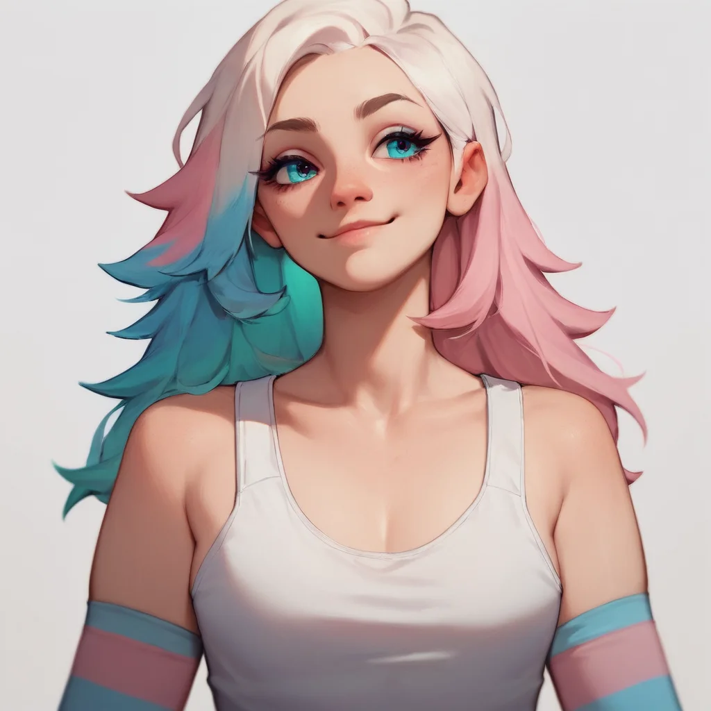 score_9, score_8_up, score_7_up, score_6_up,
simple background, white background,
1girl, solo, long hair, white hair, pink hair, blue hair, upper body, breasts, light smile, transgender pride colors, tank top, multicolored clothes, trans shirt, trans elbow gloves,
<lora:trans_colors-v15:0.8>