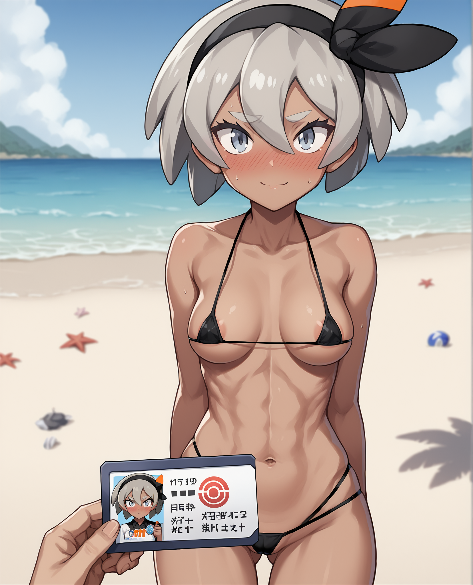 score_9, score_8_up, score_7_up, source_anime BREAK 1girl, bea (pokemon), dark-skinned female, grey hair, grey eyes, looking at viewer, hair ribbon, hair between eyes, blush, medium breasts, perky breasts, hip bones, smile, outdoors, beach, gluteal fold, collarbone, pov, cowboy shot, ID card, micro bikini, navel, thigh gap, embarrassed, hetero, <lora:POV_holding_ID:1>, rating_questionable