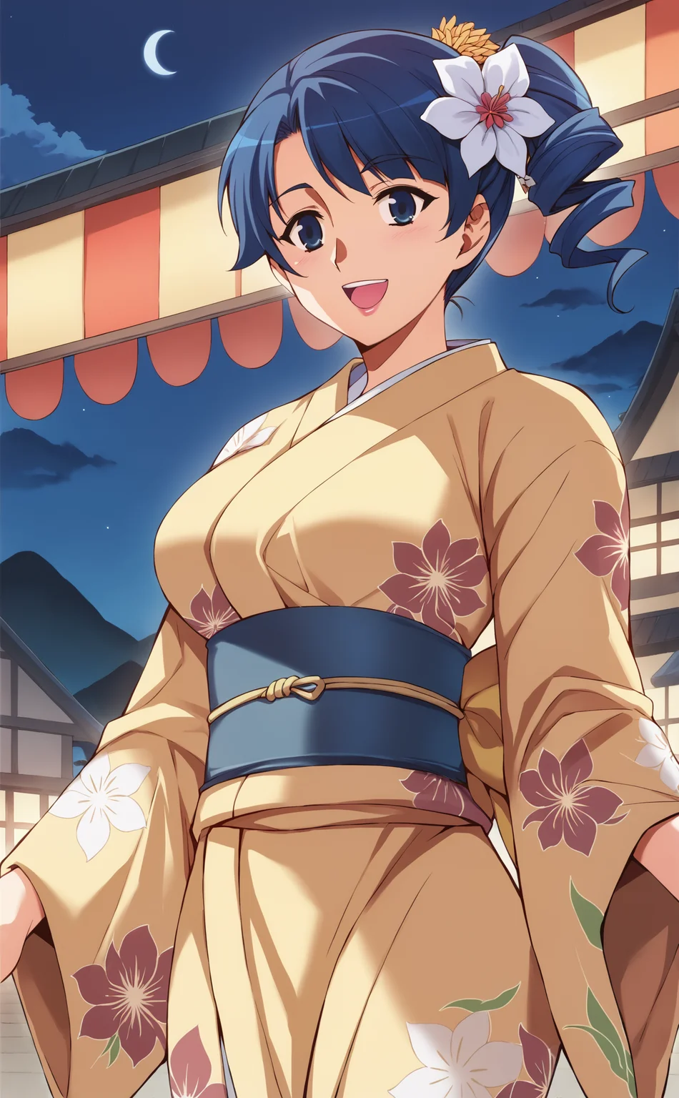 score_9, score_8_up,score_7_up, source_anime,
night,(blue_hour:1.2),flower,, blue hair,, open mouth, large breasts, drill hair, side ponytail, hair flower, yukata, floral print, smile, blue eyes, 1girl, yellow kimono, blush, solo,,background(festival),
<lora:KimXLeeStylev2:1>