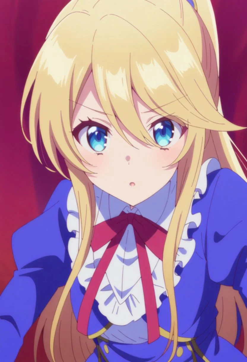 ((masterpiece)), ((best quality)), high detailed, ultra-detailed, intricate details, detailed, small breasts, LP_aileen, 1girl, blonde hair, blue eyes, long hair, ponytail, blue dress, gloves, puffy sleeves, red ribbon, ribbon bow, upper body, anime coloring, looking at viewer, hair between eyes,