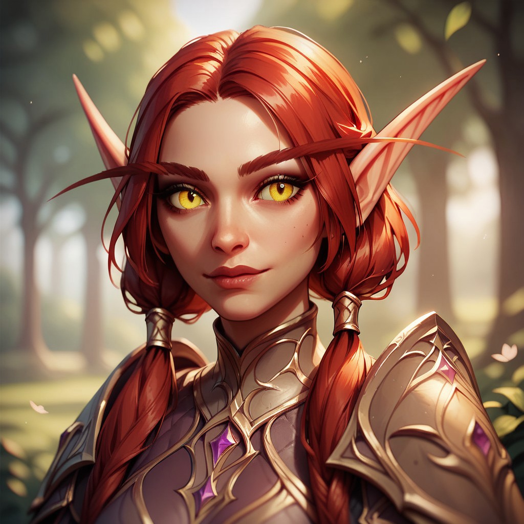 (((beautiful, high quality))), upper Body, score_9, score_8_up, score_7_up, 
Elf, pointed ears, long eyebrows,
1girl, red hair, pigtails, yellow eyes, armor,
looking at the viewer, posing, blurred background,