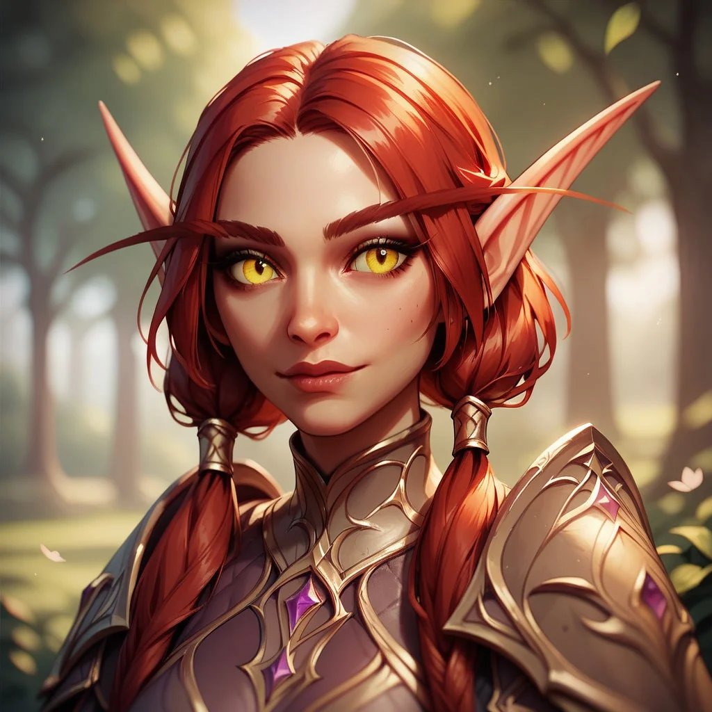 (((beautiful, high quality))), upper Body, score_9, score_8_up, score_7_up,
Elf, pointed ears, long eyebrows,
1girl, red hair, pigtails, yellow eyes, armor,
looking at the viewer, posing, blurred background,