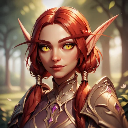 (((beautiful, high quality))), upper Body, score_9, score_8_up, score_7_up,
Elf, pointed ears, long eyebrows,
1girl, red hair, pigtails, yellow eyes, armor,
looking at the viewer, posing, blurred background,