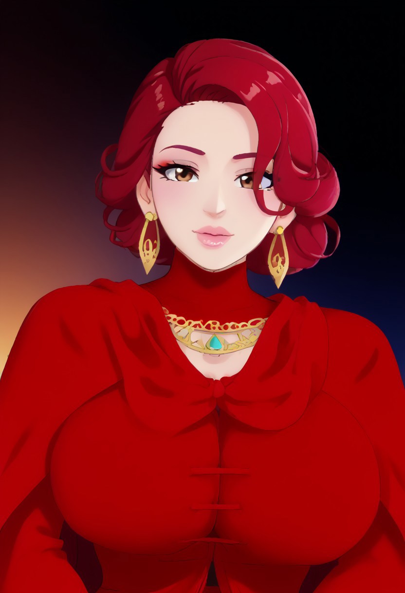 fashion photography portrait of an elegant woman with wavy, copper-red hair and brown eyes, set in the late medieval era. She wears rich red robe with gold accents. Her long, curled hair is styled back from her face. Her lips have subtle coloration, and she wears large, round earrings featuring lion motifs. The background features candlelight, a chandelier hanging above her shoulders, and a family crest on one shoulder, featuring a stylized black and white lion emblem. upper body shot, 3d render, cgi, symetrical, octane render, 35mm, bokeh, 9:16, (intricate details:1.12), hdr, (intricate details, hyperdetailed:1.15), (natural skin texture, hyperrealism, soft light, sharp:1.2)