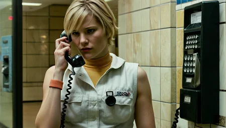 <lora:Heather_Silent_Hill_3_XL:0.8> sh3heather, blonde hair, short hair, sleeveless, white vest, wristband, (realistic:1.3) photo of a woman is talking at a pay phone, indoors, tile marble wall , raw photo, mall, cinematic lighting <lora:cinematic vintage film:0.6> Cinematic vintage film style, film grain, kodachrome