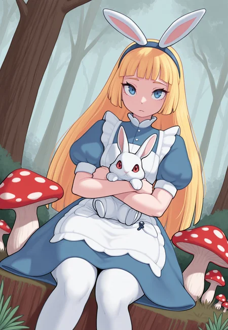 masterpiece,best quality, 1girl, blonde hair, blue eyes, long hair, hairband, looking at viewer,white apron, blue dress, puffy sleeves, white pantyhose, hairband,holding rabbit,white rabbit,red eyes,mushrooms,tree,portrait,sitting,dutch angle,closeup,MNCLFORK,