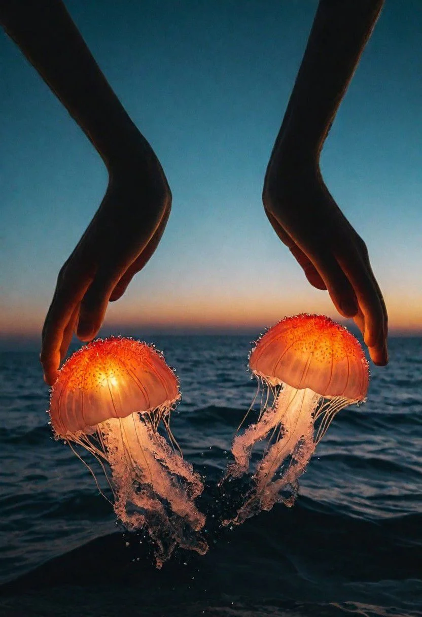 Create a captivating description for a photo featuring two hands reaching down into the ocean from above, gently caressing a huge fire jellyfish.
