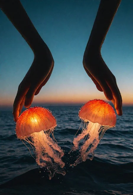 Create a captivating description for a photo featuring two hands reaching down into the ocean from above, gently caressing a huge fire jellyfish.
