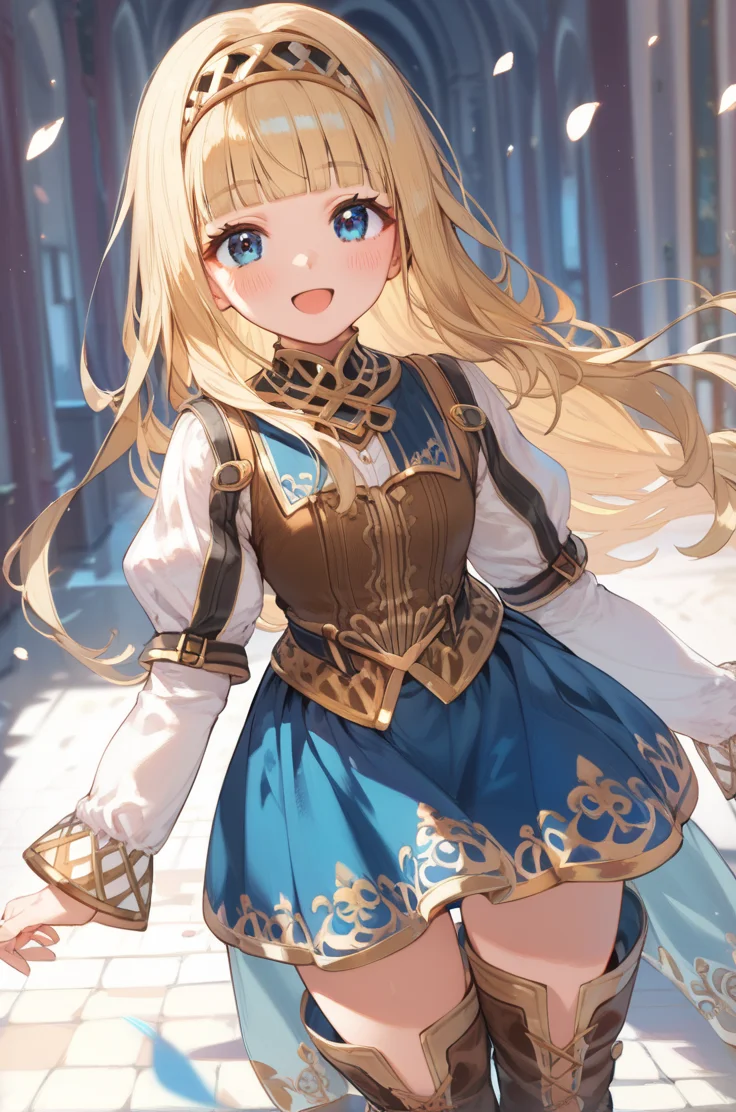 score_9, score_8_up, score_7_up, source_anime,
simple background, blurry background,
cowboy shot, from above,
looking at viewer, open smile, eyes closed, blush, walking,
<lora:aliciavp2_autismConfetti_v01:0.95>aliciaVP2, blonde hair, long hair, blunt bangs, hairband, brown vest, puffy sleeves, long sleeves, waist cape, blue eyes, two toned skirt, blue skirt, thigh boots,, zPDXL