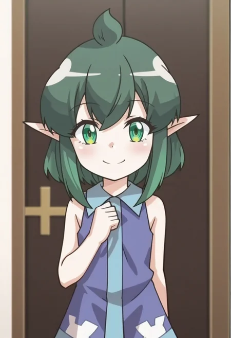 source_anime,anime screencap, anime coloring,intricate details,rating_safe, masterpiece, best quality,
(best quality, absurd res, ultra detailed),,(4 finger:0.5),1girl, ((solo)), good eyes,perfect eyes,,detailed eyes, zPDXLxxx , zPDXL3,detailed, detailed face
BREAK
solo,indoors,standing,front view,
Soah, green eyes, green hair, ahoge, long sidelocks, short hair, pointy ears,
purple dress, sleeveless,
smile, 
, <lora:add-detail-xl:2>  <lora:Soah:0.8>