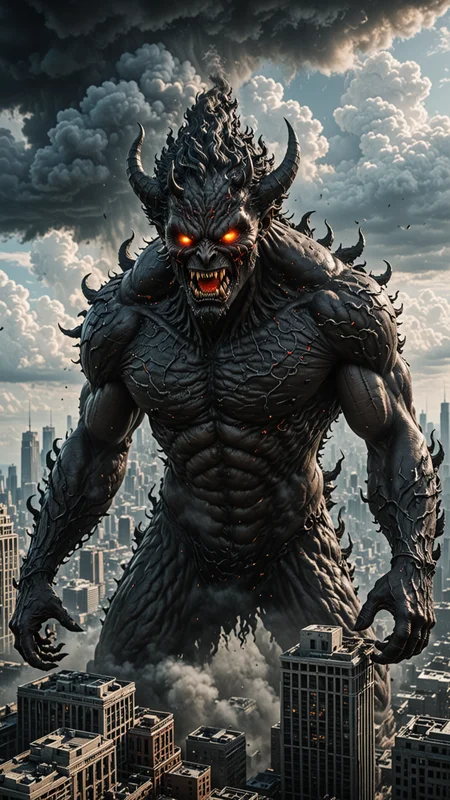 According to the rules, in such cases, it was supposed to become a black impenetrable cloud, fill the entire space with itself, catch up with female devil form over a full city horror and look at him with an ominous luminous look from nowhere and from everywhere, which Bomchi immediately did.  Feeling of fear, feeling of horror,rich colors, ultra clear image, more realistic, high resolution photos, 8K HD wallpapershigh quality, intricate details,  ultra detailed, ,depth of field, 8k resolution trending on Artstation Unreal Engine 5, Epic,detailed background, <lora:Jugg_XL_Cinematic_Beasts:0.6>