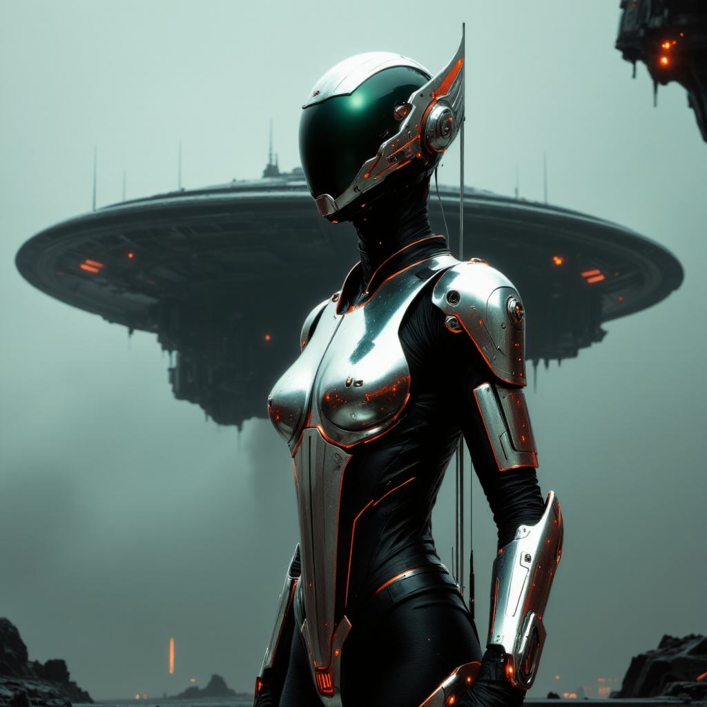 , armed female figure in a (((Holographic))) sci-fi suit (tight jumpsuit), at the spaceport, against the background of a sci-fi ship taking off, overcast, mask, sci-fi visor, sci-fi lens, sci-fi respirator, bald head, plate armor, isolated armor, third-person view from below, lots of fine detail in the style of 'pursuit' by gesaffelstein, photorealistic, cinematic lighting, dark atmosphere, volumetric lighting, action pose, epic scene, lots of fine detail, movie style, photography, natural textures, natural light, natural blur, photorealism, cinematic rendering, ray tracing, highest quality, highest detail, Cinematic, Blur Effect, Long Exposure, 8K, Ultra-HD, Natural Lighting, Moody Lighting, Cinematic Lighting, hyper-realistic, vibrant, 8k, detailed, ultra detail,
  <lora:artisketchyfs-v02:0.8>
<lora:flux.1_lora_flyway_Epic-detail_v2:0.7>