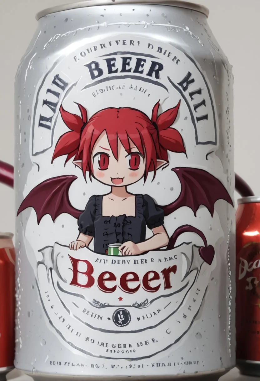 beerlabel, dark beer can, (disetna, red hair,demon girl, demon tail,demon wings), solo