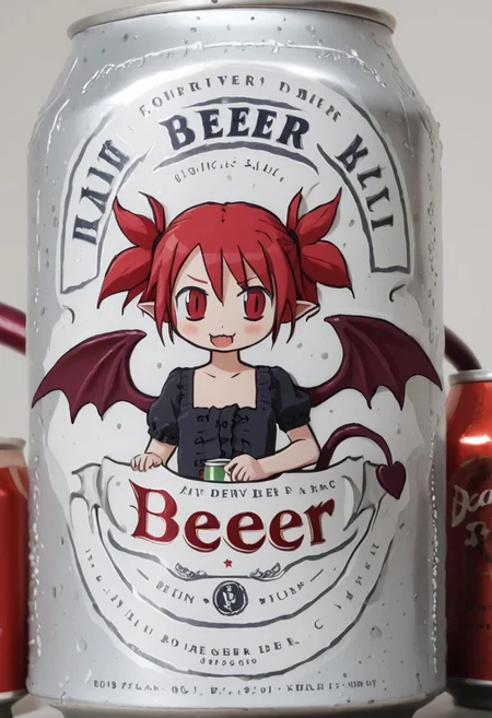 beerlabel, dark beer can, (disetna, red hair,demon girl, demon tail,demon wings), solo