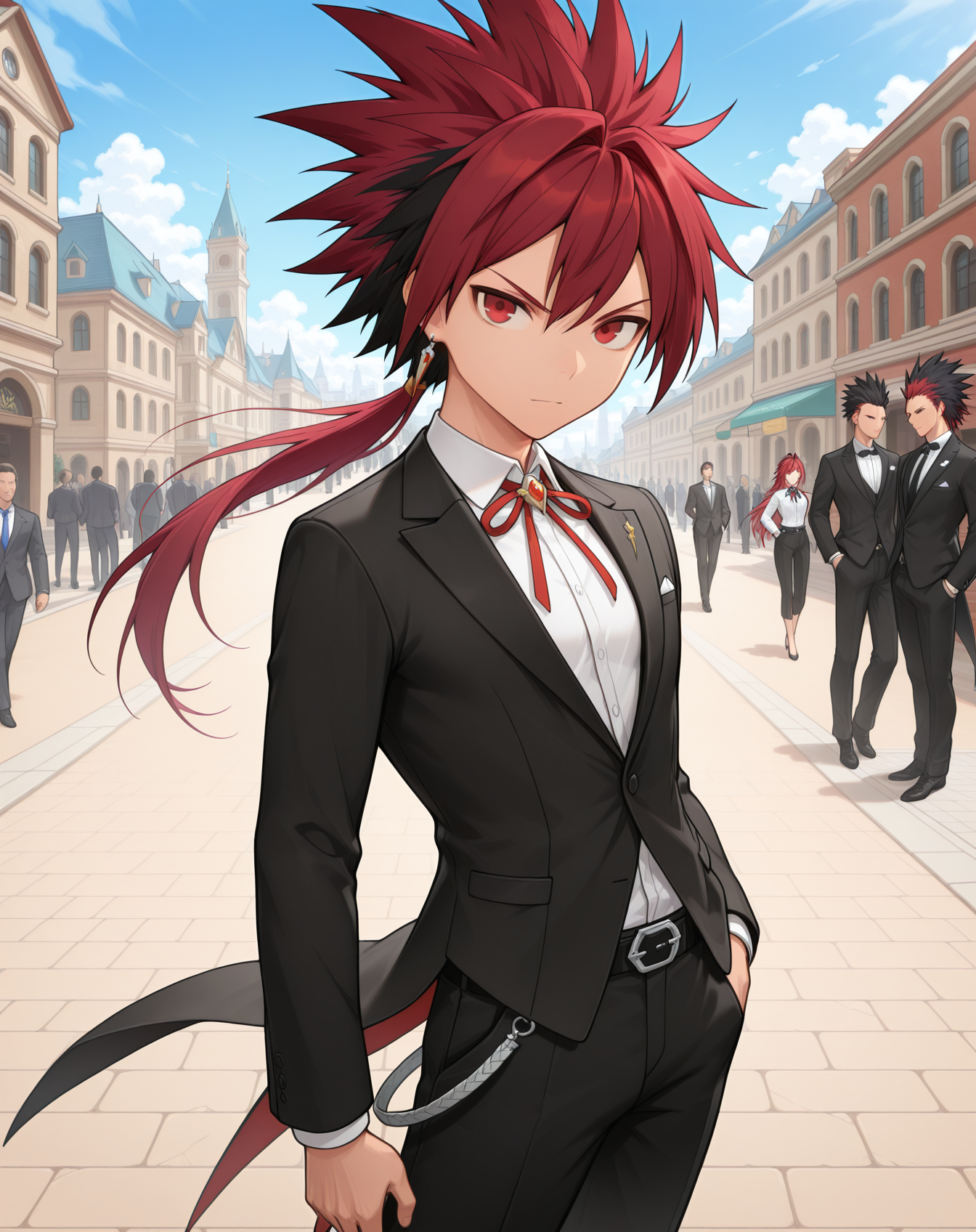 masterpiece,best quality,amazing quality, newest, very aesthetic, absurdres,
1boy, solo, yaoi, male focus, looking at viewer, cowboy shot, standing,
<lora:Elsword_Infinity_Sword_ilxl:1> elswordis, red hair, red eyes, spiked hair, two-tone hair, ponytail, long hair, black hair, multicolored hair,
formal, tuxedo, neck ribbon, white shirt, collared shirt, black pants, shoes, black footwear, suit jacket, black jacket,
outdoors, day, blue sky, building, people,