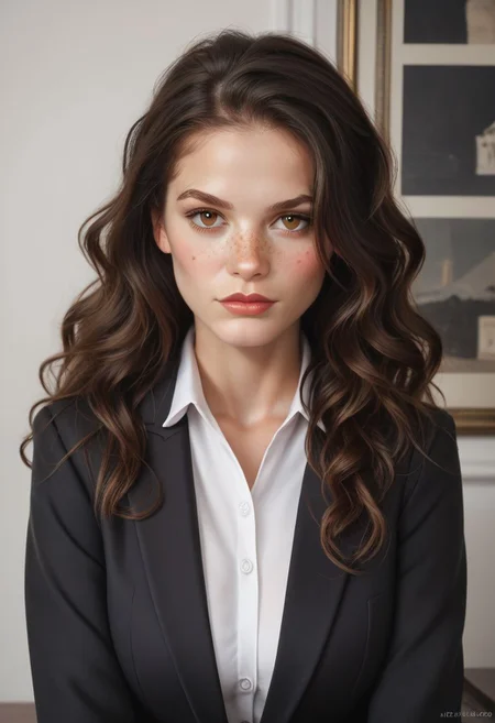 score_9, score_8_up, score_7_up, score_7, score_6_up, solo, 1dk, face focus, detailed face, beautiful face,
raw, realistic, d3t41l3d,
1girl, 28-year-old, athletic, long hair, wavy hair, dark brown hair, hazel eyes, light freckles, freckles, small beauty mark, beauty mark
suit, business suit, tailored suit, white blouse, blouse, blazer, black blazer, pencil skirt,
bright, organized, office,
standing, confident, professional, warm,