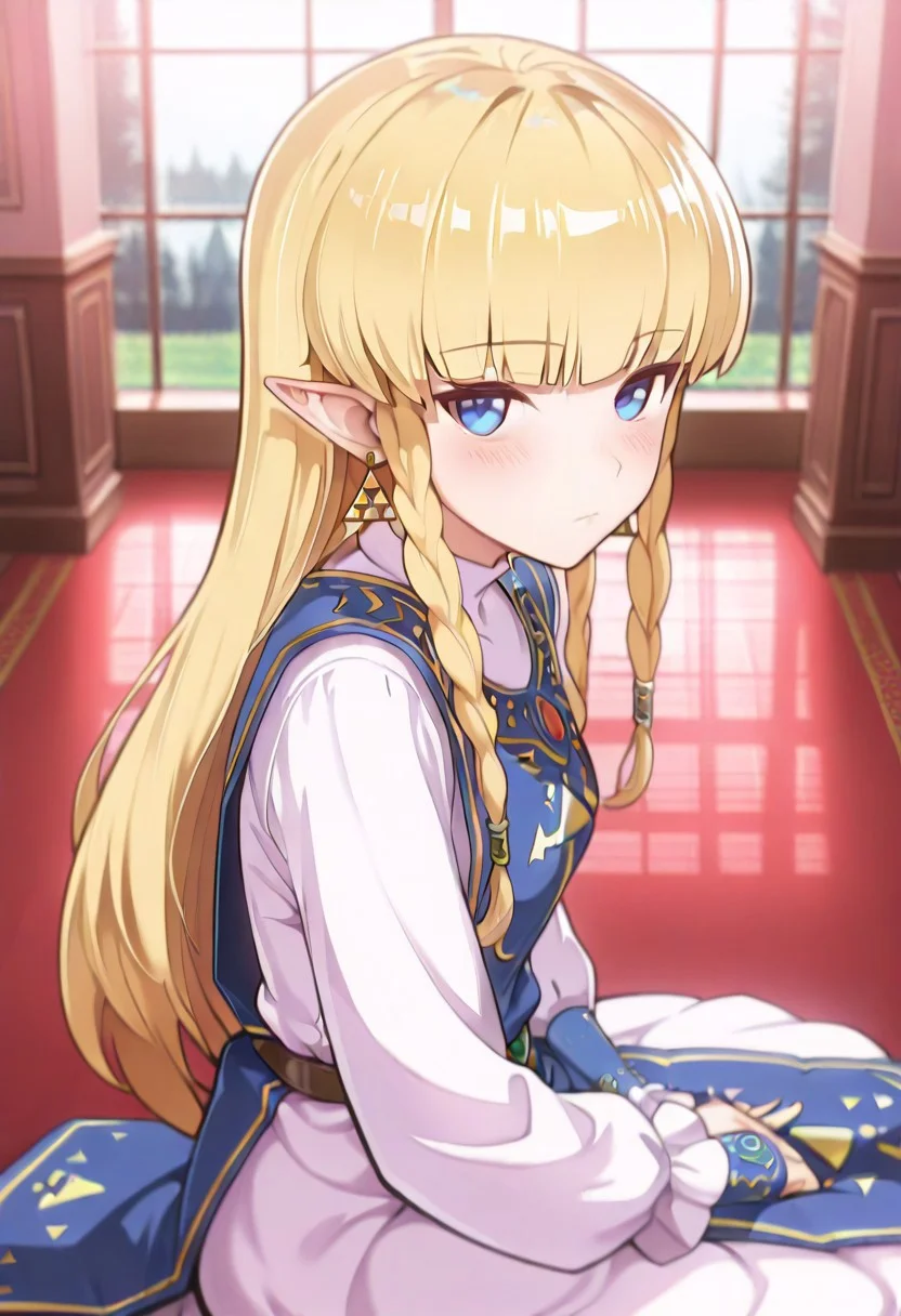 masterpiece, best quality, amazing quality, very aesthetic, 1girl, (depth of field), indoors, mansion,, furukawayui, blue eyes, blonde hair, long hair, twin braids, pointy ears, dress, blue tabard, triforce, earrings, beautiful, kawaii, blush, expressionless, sitting, on floor, looking at viewer, from side