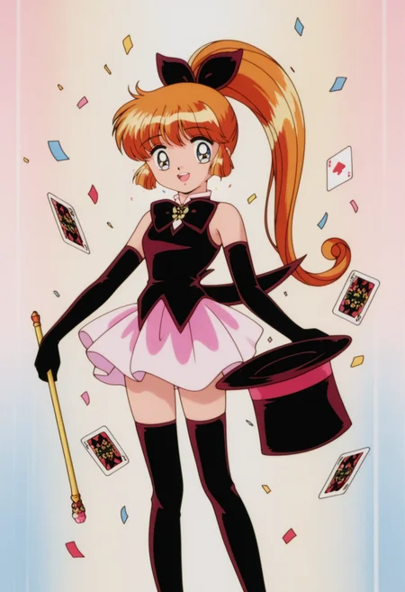 retro artstyle,1990s \(style\),1girl,solo,<lora:Saint_Tail:1>,long hair,orange hair,elbow gloves,blue eyes,magical girl,black gloves,sleeveless,bowtie,hair ribbon,hair bow,pink skirt,brooch,high ponytail,black bow,thigh boots,black footwear,
holding wand,top hat,red bow,holding hat,:d,confetti,playing card,
masterpiece,best quality,amazing quality,