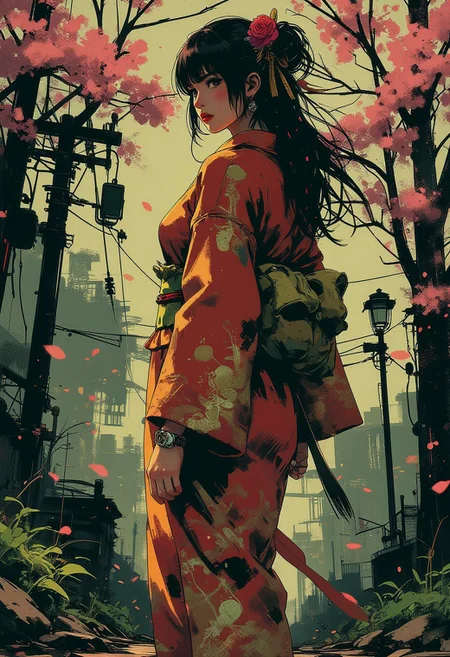 Mh1$AgThS2, intricate linework with expressive contrasts, soft lighting with dynamic highlights, A digital artwork in the style of cknc, image of a Japanese woman in a silk red and gold kimono, long hair, bangs, sakura flower in her hair, walking along a wooded trail, turning her head to look back at the viewer