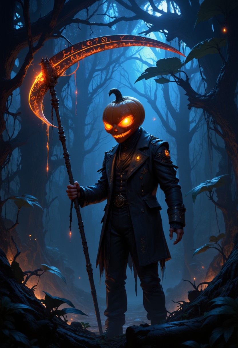 masterpiece, ultra high quality, UHD, HD, a man with a pumpkin head, wearing business clothes, holding a scythe , spooky, the scythe is covered in orange Glowing Runes, in the background dark fantasy bush with large, surreal leaves. The leaves are deep indigo, almost black, with intricate, glowing patterns resembling veins coursing through them. bioluminescent light, creating a mesmerizing contrast against the shadowy background. The surrounding air is thick with a faint, mystical mist, enhancing the otherworldly and mysterious atmosphere of the scene.