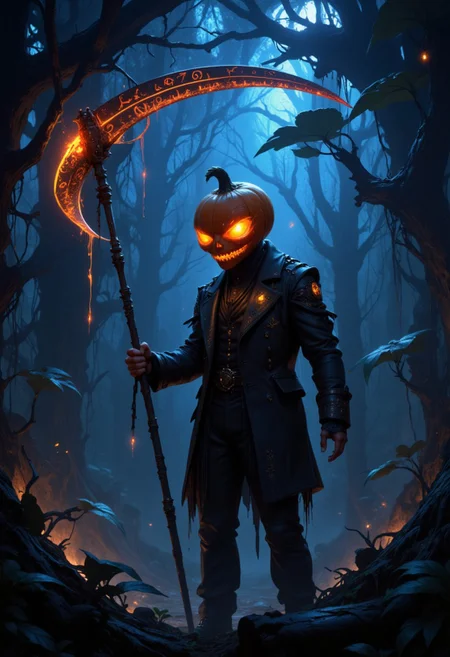 masterpiece, ultra high quality, UHD, HD, a man with a pumpkin head, wearing business clothes, holding a scythe , spooky, the scythe is covered in orange Glowing Runes, in the background dark fantasy bush with large, surreal leaves. The leaves are deep indigo, almost black, with intricate, glowing patterns resembling veins coursing through them. bioluminescent light, creating a mesmerizing contrast against the shadowy background. The surrounding air is thick with a faint, mystical mist, enhancing the otherworldly and mysterious atmosphere of the scene.