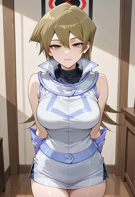 Society of light, tenjouin asuka, 1girl, solo, empty eyes, half closed eyes, seductive smile, aroused, indoors, seducing viewer into joining cult, pupils, cowboy shot, seductive pose