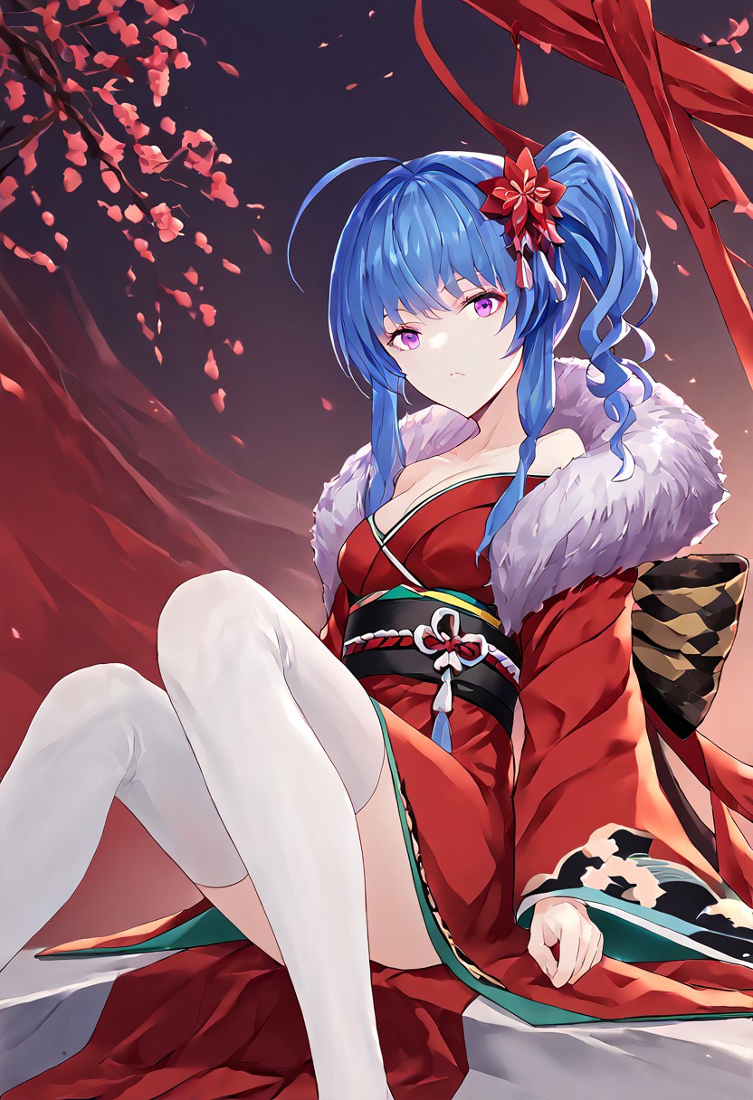 score_9, score_8_up, score_7_up, score_6_up, score_5_up, score_4_up, source_anime, 1girl, solo, 
mlslykt, blue hair, ahoge, purple eyes, side ponytail, long sidelocks, red kimono, short kimono, white thighhighs,fur boa, geta, obi, off-shoulder kimono, hair flower, hair ornament, red ribbon, wide sleeves, 
masterpiece, best quality, very aesthetic, absurdres,