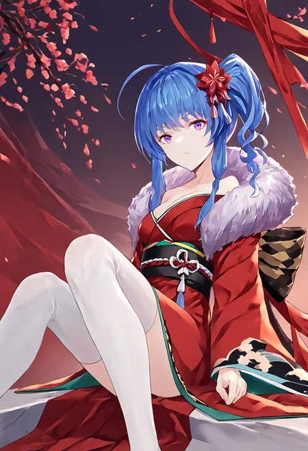 score_9, score_8_up, score_7_up, score_6_up, score_5_up, score_4_up, source_anime, 1girl, solo,
mlslykt, blue hair, ahoge, purple eyes, side ponytail, long sidelocks, red kimono, short kimono, white thighhighs,fur boa, geta, obi, off-shoulder kimono, hair flower, hair ornament, red ribbon, wide sleeves,
masterpiece, best quality, very aesthetic, absurdres,