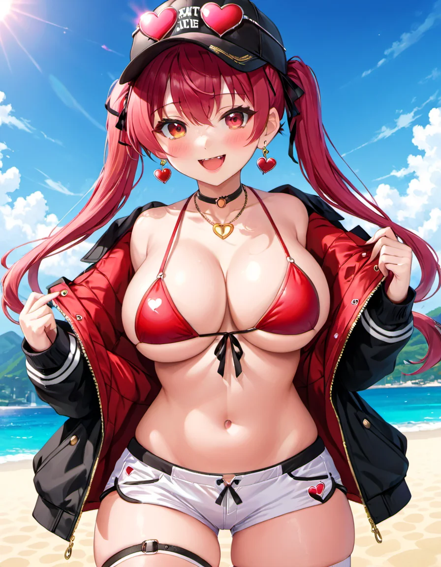 <lora:Houshou_Marine:.4> houshou marine, solo, heterochromia, heart, jewelry, jacket, hat, twintails, large breasts, bikini, earrings, eyewear on headwear, fang, open mouth, skin fang, long hair, shorts, necklace, cleavage, smile, red bikini, heart earrings, looking at viewer, heart necklace, multicolored hair, baseball cap, black jacket, ribbon, hand in pocket, hair ribbon, official alternate costume, navel, sunglasses, gradient hair, partially unzipped, blush, heart-shaped eyewear, white shorts, thigh strap, long sleeves