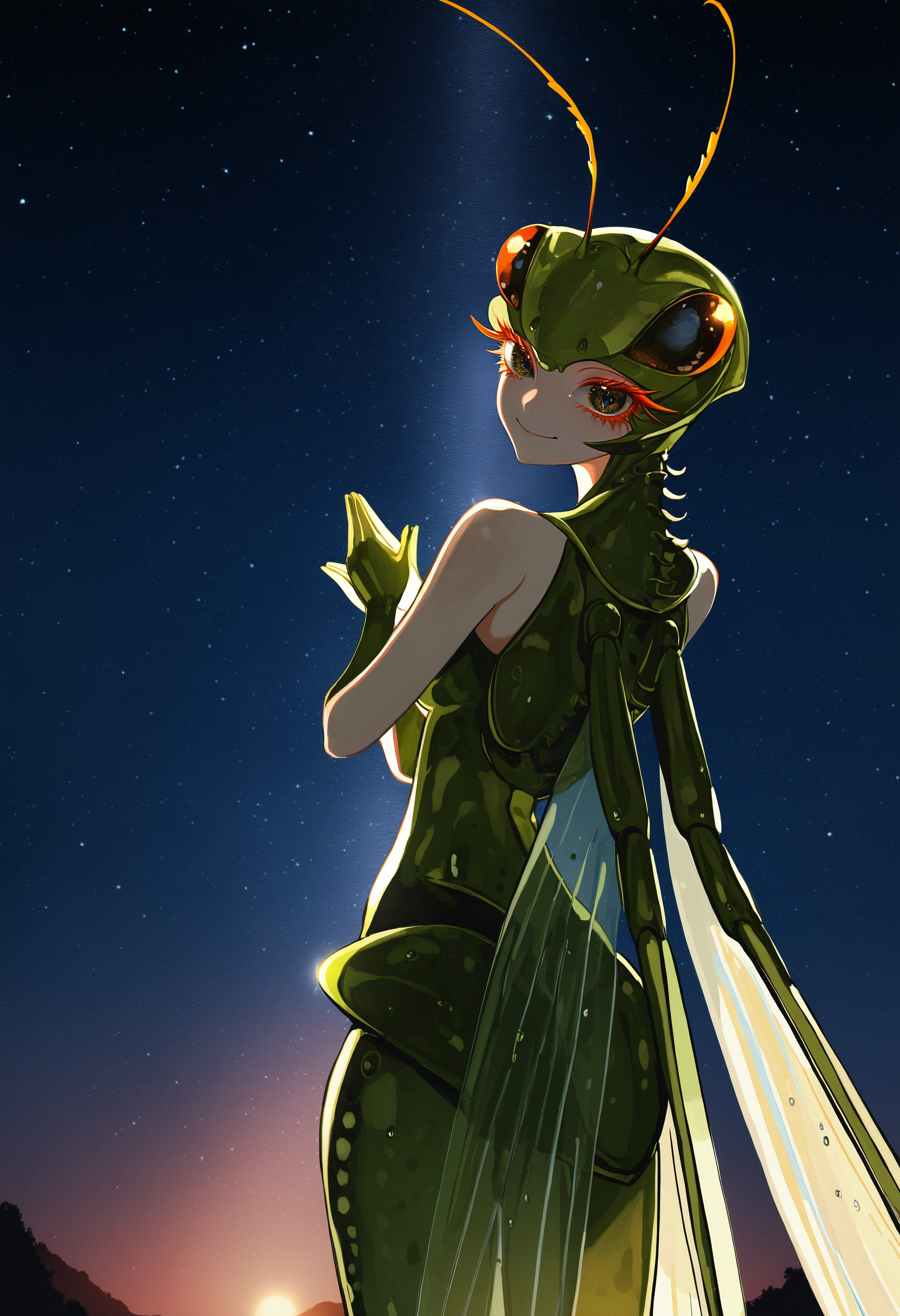 reference \(praying mantis\),
by [diyokama|say hana|yoneyama mai|lam],
bug girl, insect wings, 1girl, personification, creature and personification,
cowboy shot, facing viewer, looking at viewer, smile, long eyelashes, colored eyelashes,
outdoors, backlighting, scenery, dark, moonlight, night sky, starry sky, from behind, looking back, bare shoulders,
y2k fashion, jewelry,
masterpiece, best quality, very awa, absurdres
<lora:noobai_epred_11_reference_inset_concept_v1:1>
<lora:illustrious_noobai_epsilon_pred_11_artists_v1:1>
