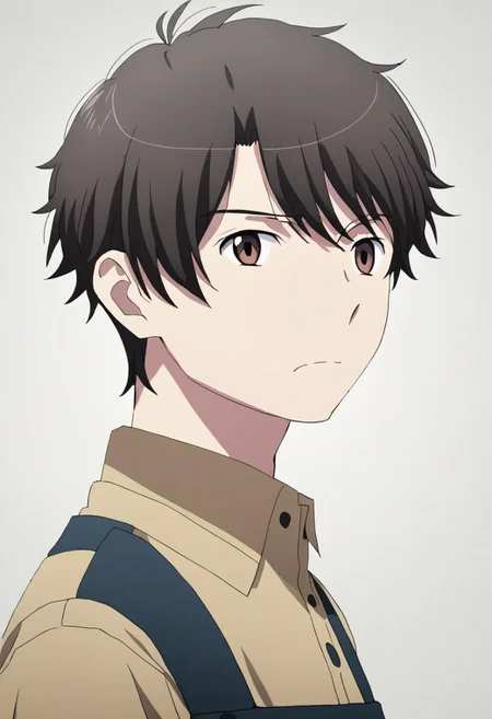 high resolution, solo, best quality, 1Boy, Inaho Kaizuka, Black Hair, Brown Eyes, potrait, dark shirt, looking at viewer, focused gaze forward, simple background, straight body, upper body, head upright, disgust, OverallDetail