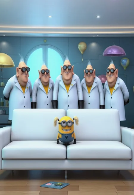 In a modern, brightly lit living room, create a surreal scene with five identical Nefarios standing behind a white couch. The Nefarios are dressed in white lab coats, forming a semi-circle as they look down at the couch. Seated on the couch is a one-eyed Minion from despicable me, with blonde pigtails, smiling playfully.