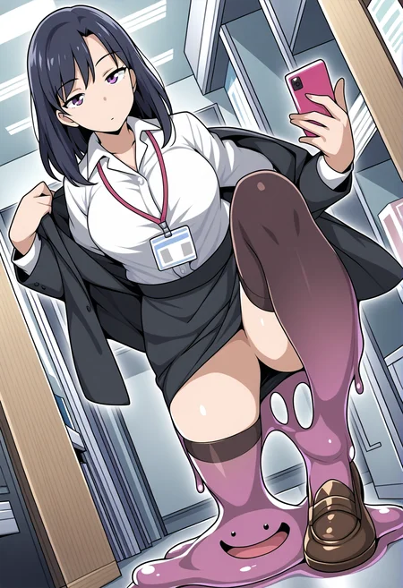 transformed ditto, slimification, melting,
masterpiece, sensitive,
1girl, office lady, knee up, loafers, removing jacket, changing room, dutch angle, expressionless, smug, thighhighs, solo focus, smartphone, looking at phone
<lora:Illustrious_slimification_transformed-ditto_batch1_dim2_a1_epoc60_step5760_adjusted:1>