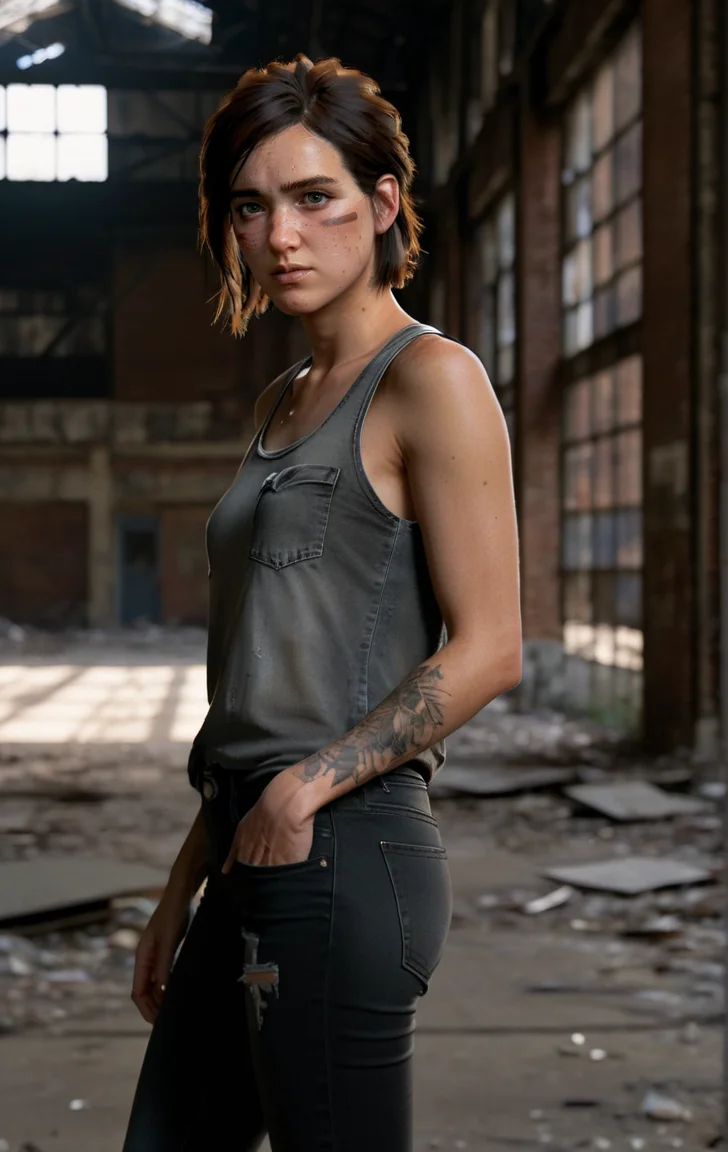 photo of ohxw, ellie, tattoo on left arm, woman, black jeans, inside abandoned warehouse, full body, skinny, short hair, face details, low key lighting, <lora:2ellie-000003:1>