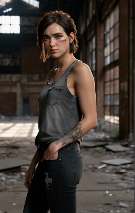 photo of ohxw, ellie, tattoo on left arm, woman, black jeans, inside abandoned warehouse, full body, skinny, short hair, face details, low key lighting, <lora:2ellie-000003:1>