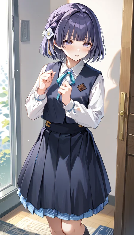 score_9,score_8_up,score_7_up,
official art,official style,game cg,megami magazine,
uncensored,
1girl,solo,
htymsz,hataya misuzu,hatsuboshi gakuen school uniform,
purple eyes,purple hair,short hair,violet eyes,white flower,braid,flower,hair flower,hair ornament,
collared shirt,dress shirt,aqua ribbon,black skirt,black socks,black vest,blue bow,
blue bowtie,blue eyes,blue ribbon,blue skirt,blue vest,blunt bangs,
long sleeves,mole,mole under mouth,neck ribbon,pleated skirt,
ribbon,school uniform,shirt,skirt,vest,white shirt,
standing,full body,
<lora:hataya_misuzu_gakuen_idolmaster_pony_v1:1>,