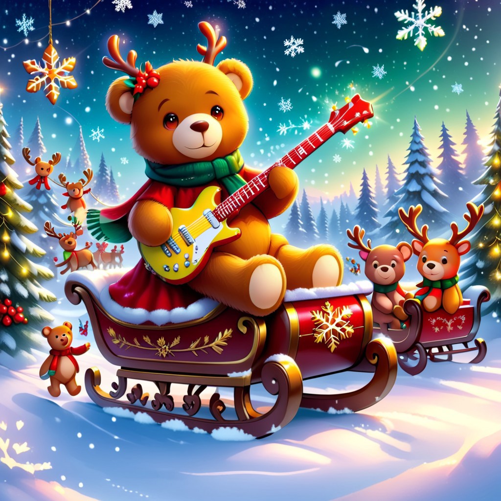 xmastedx,Festive,(masterpiece, best quality:1.2), holiday teddy bears, electric guitars, sleigh ride, parade leaders, winter wonderland, teddy bears with colorful scarves, playing electric guitars while riding a sleigh through a snow - covered forest, leading a winter parade with reindeer and elves following, snowflakes gently falling, bright holiday lights strung up in the trees, festive music in the air, creating a magical and cheerful atmosphere.
