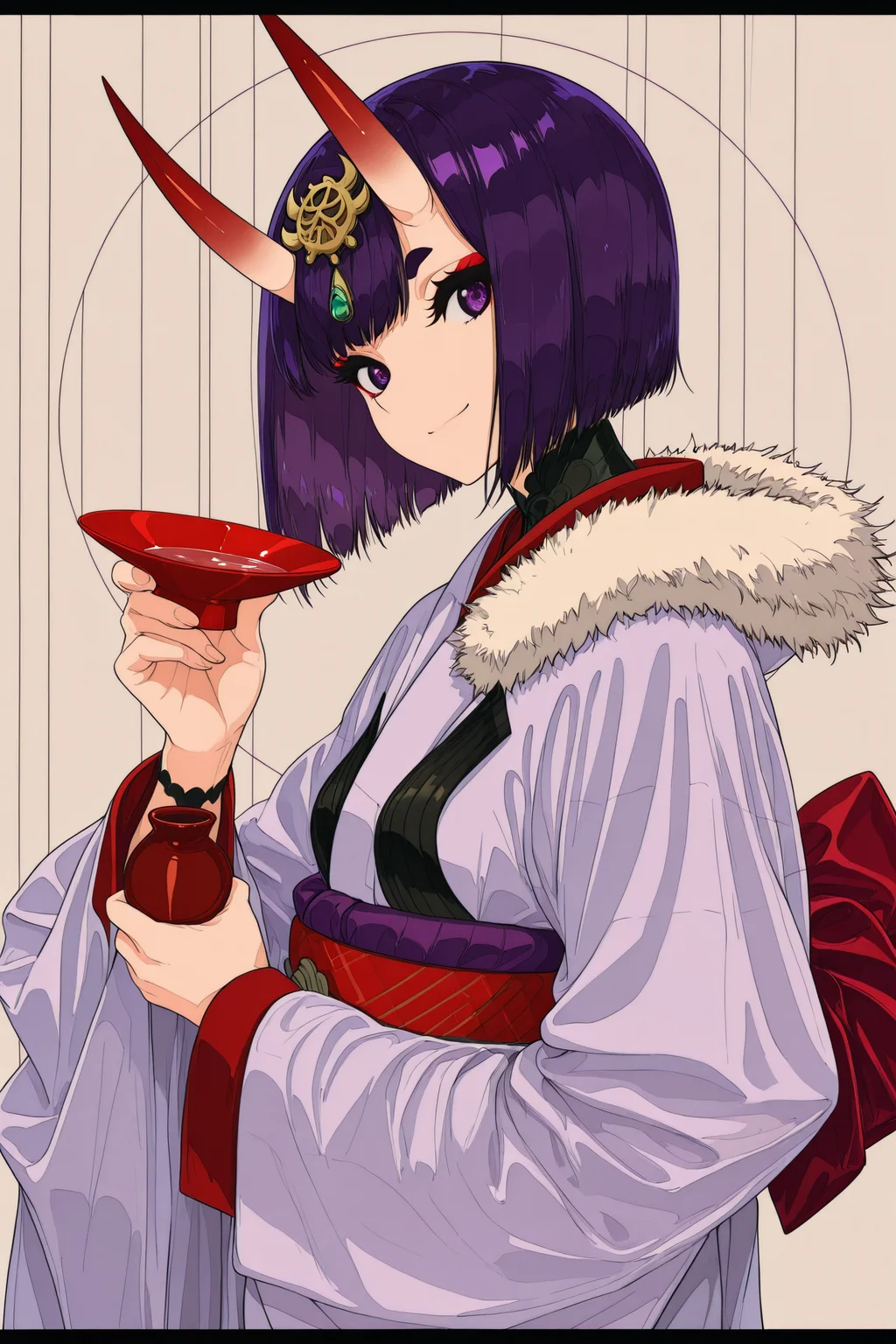 1girl,shuten douji \(fate\),horns,solo,purple eyes,sakazuki,bob cut,short hair,oni,cup,skin-covered horns,kimono,purple hair,looking at viewer,japanese clothes,letterboxed,eyeliner,makeup,smile,headpiece,fur trim,from side,upper body,closed mouth,holding,long sleeves,holding cup,short eyebrows,sake,
<lora:jiaocha_illustriousXL:1.8>,