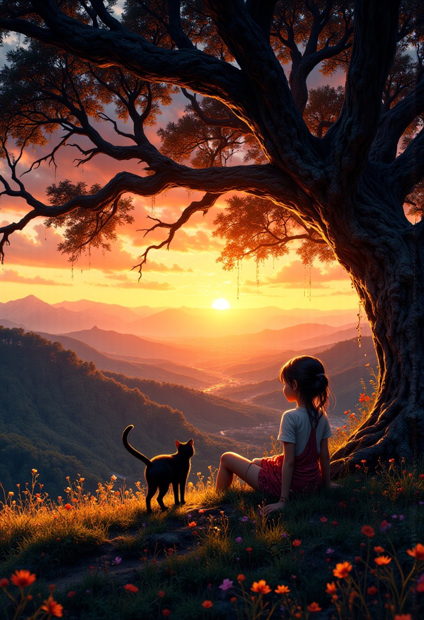 Sunset on a hill with a beautiful view of the distant valley. A little girl, seen from the back, sits next to a black cat. They both look towards the sunset calmly. They sit under a large old German oak tree, its branches dripping with glittering fairy dust and is glowing,wild flowers, wide angled view, sunset mood, friendsip, a masterpiece, award winning, Special Ink-drawing mode, animeniji, Mh1$AgThS2, 2D flat anime, cartoon-style, intricate linework with expressive contrasts, soft lighting with dynamic highlights, WLOP